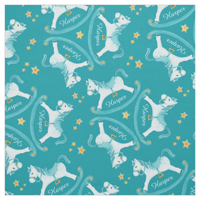 Rocking horse aqua yellow kids name nursery fabric (Swatch)