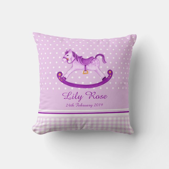 Rocking horse art purple name baby birth pillow (Front)