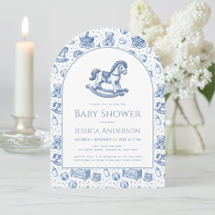 Rocking Horse Baby Boy Shower Blue and White Arch Invitation