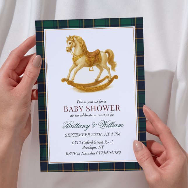 Rocking Horse Baby Shower Elegant Tartan Plaid Invitation (Creator Uploaded)