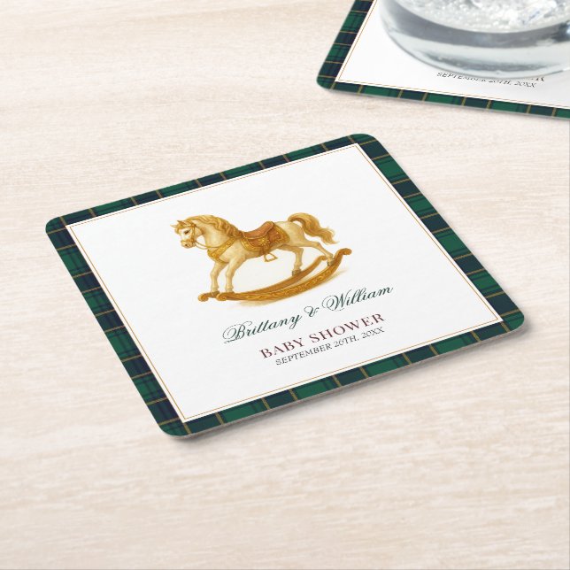 Rocking Horse Baby Shower Elegant Tartan Plaid Square Paper Coaster (Angled)