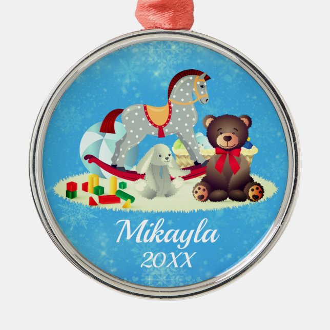 Rocking Horse, Bear and Toys Metal Ornament (Front)