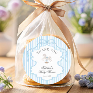 Rocking Horse Blue Bow Baby Shower Thank you Classic Round Sticker