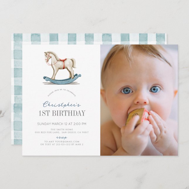Rocking Horse Blue Boy Photo 1st Birthday Invitation (Front/Back)