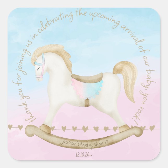 Rocking Horse Blue Pink Gender Neutral Baby Shower Square Sticker (Front)