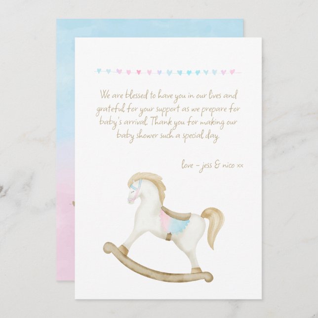 Rocking Horse Blue Pink Gender Neutral Baby Shower Thank You Card (Front/Back)
