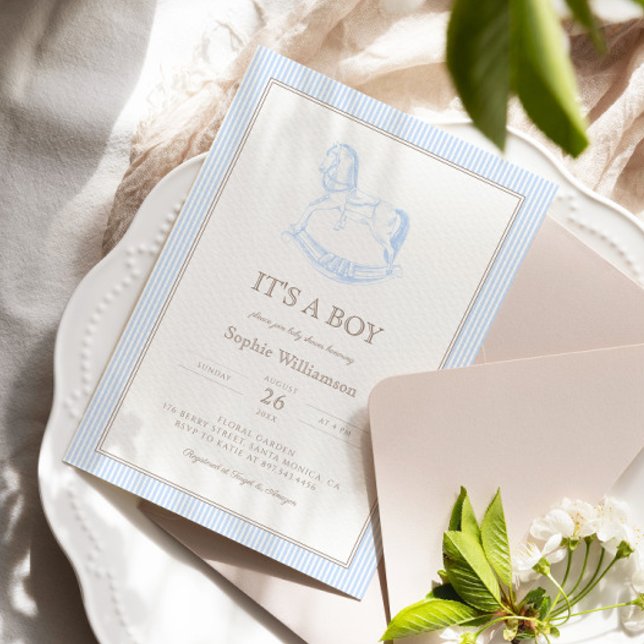 Rocking Horse Blue Toile De Jouy Baby Shower  Invitation (Creator Uploaded)