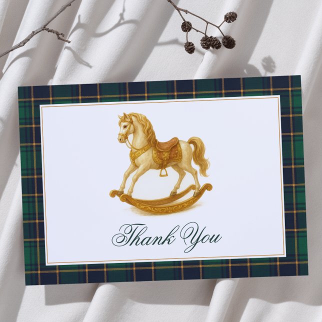 Rocking Horse Elegant Plaid Baby Shower  Thank You Card (Creator Uploaded)