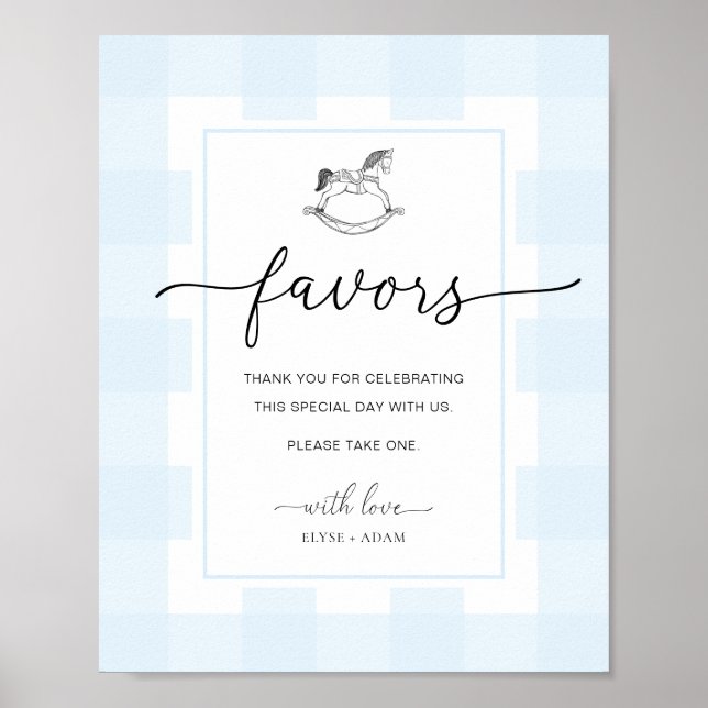 Rocking Horse Gingham Blue Gingham Favors Sign (Front)