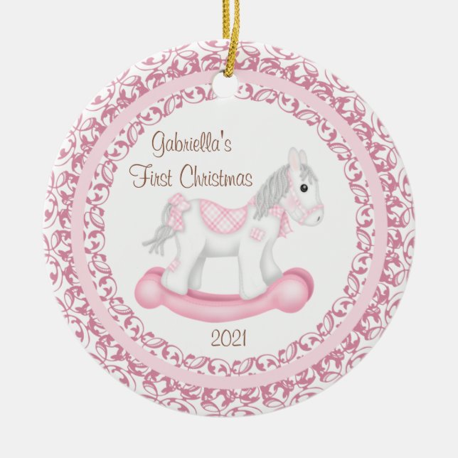 Rocking Horse Girl Baby's First Christmas Ornament (Front)