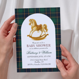 Rocking Horse Green Plaid Baby Shower  Invitation