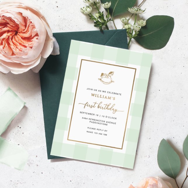 Rocking Horse Mint Gingham Birthday Foil Invite (First Birthday Rocking Horse Invitation)