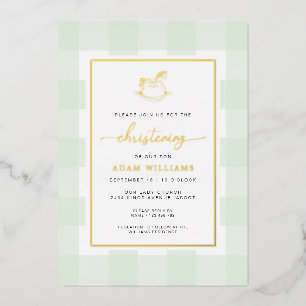 Rocking Horse Mint Gingham Christening Foil Invite
