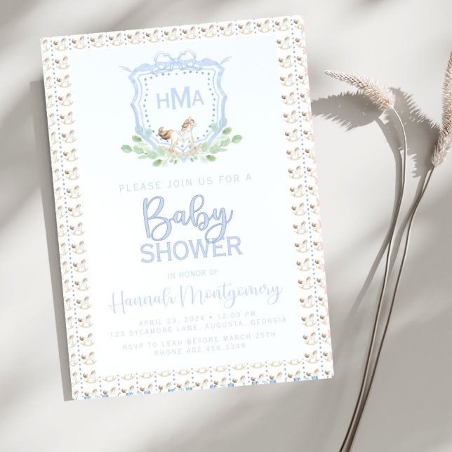Rocking Horse Monogram Crest Baby Shower Invitation (Creator Uploaded)