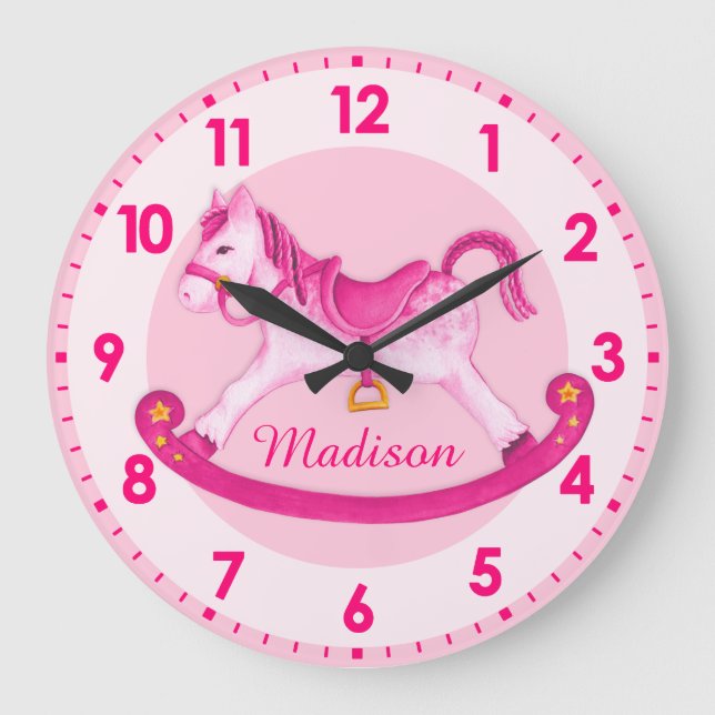 Rocking horse nursery named girls pink clock (Front)