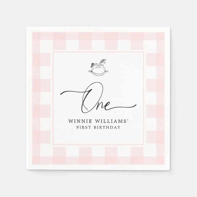 Rocking Horse Pink Gingham 1st Birthday Napkins (Front)