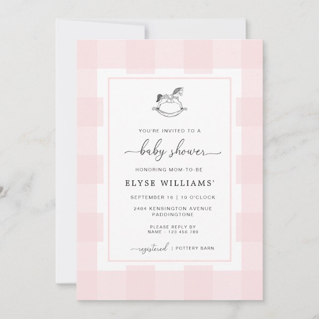 Rocking Horse Pink Gingham Baby Shower Invitation (Front)