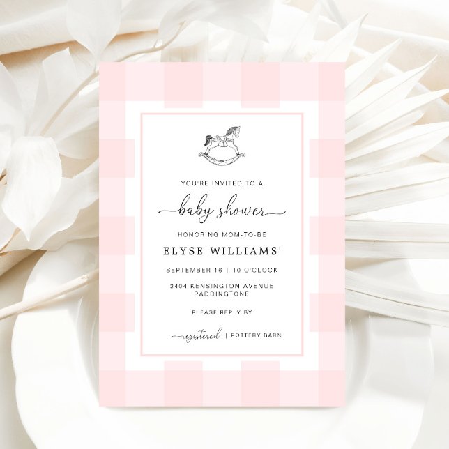 Rocking Horse Pink Gingham Baby Shower Invitation (Baby Shower Invitation Pink Gingham Rocking Horse )