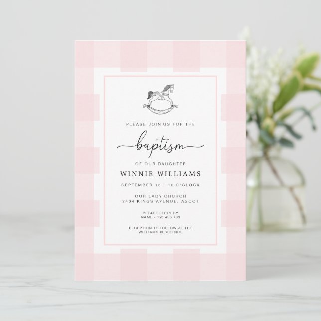 Rocking Horse Pink Gingham Baptism Invitation (Standing Front)