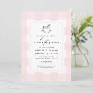 Rocking Horse Pink Gingham Baptism Invitation