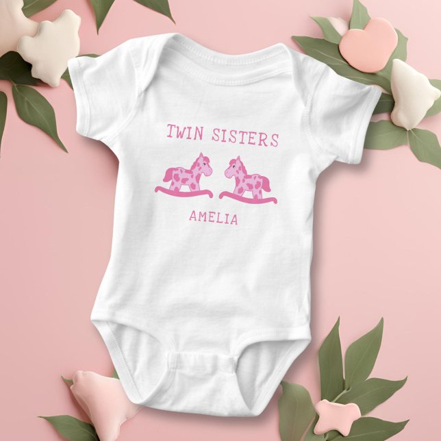 Rocking Horse Pink Twin Sisters Girl Name Baby Bodysuit (Creator Uploaded)