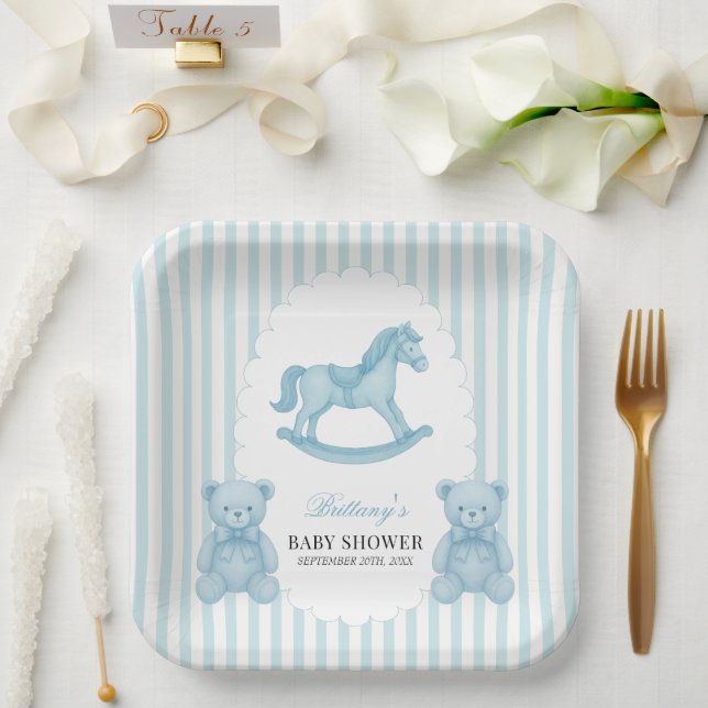 Rocking Horse Preppy Bear Blue Baby Shower  Paper Plate (Wedding)