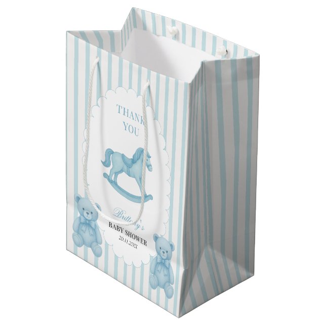 Rocking Horse Preppy Teddy Bear Blue Baby Shower  Medium Gift Bag (Front Angled)