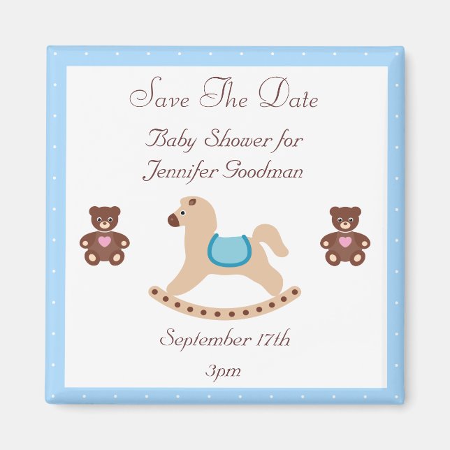 Rocking Horse & Teddies Save The Date Baby Shower Magnet (Front)