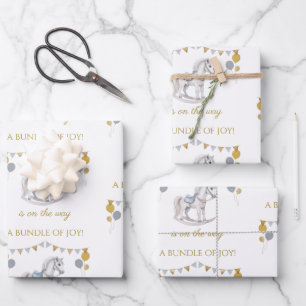 Rocking horse with bunting flags wrapping paper sheet