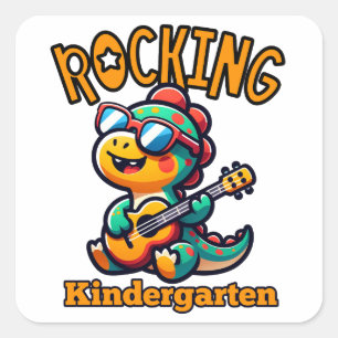 Rocking Kindergarten Dinosaur with guitar  Square Sticker