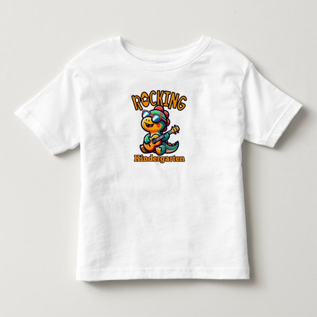 Rocking Kindergarten Dinosaur with guitar  Toddler T-Shirt (Front)