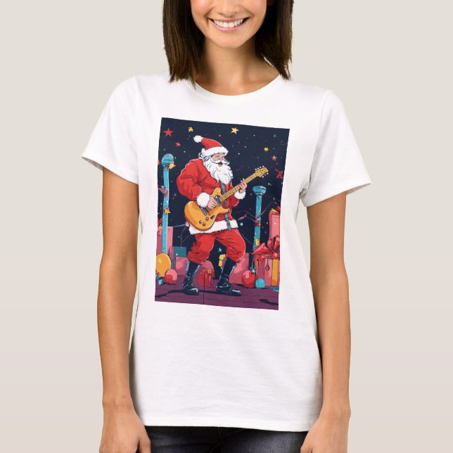Rocking Santa Claus Playing Electric Guitar T-Shirt (Front)