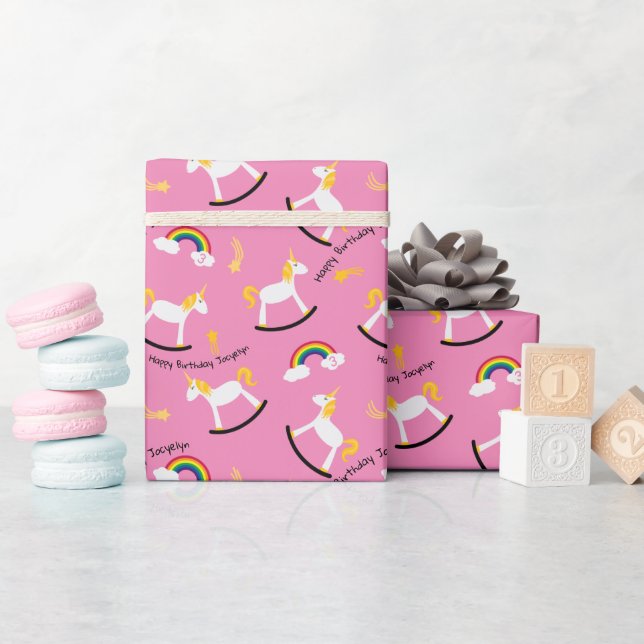 Rocking Unicorns Rainbows Custom Name and Age Wrapping Paper (Baby Shower)