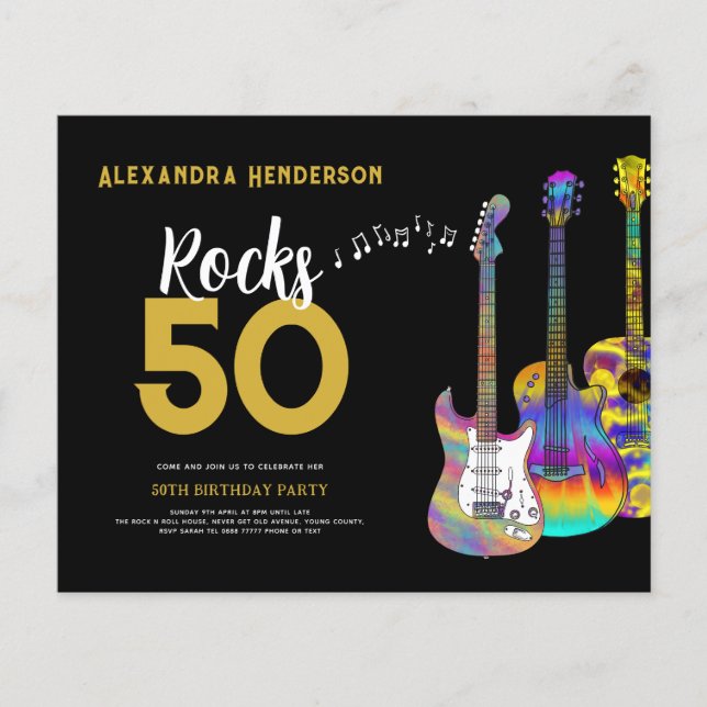 Rocks 50 Guitar 50th Birthday Party Budget Flyer (Front)