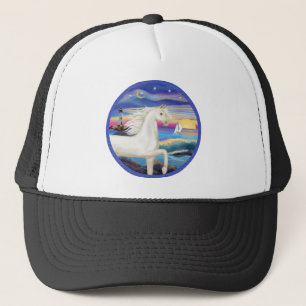 Rocks-Sea-White Arabian Horse Trucker Hat