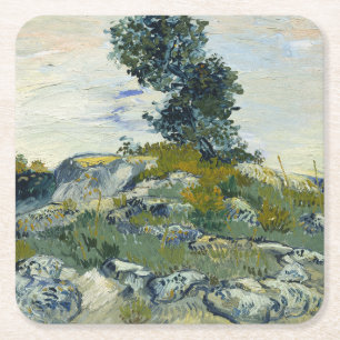Rocks with Oak Tree, Van Gogh Oil Painting Square Paper Coaster