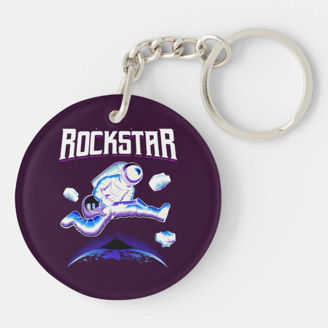 Rockstar astronaut playing guitar in space key ring (Back)