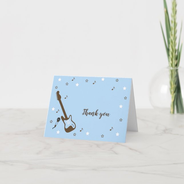 Rockstar baby shower thank you note, blue brown card (Front)