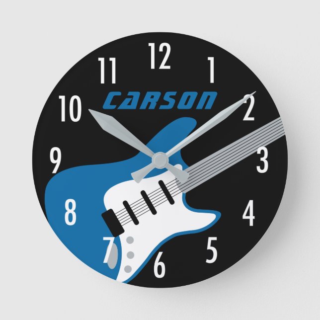 Rockstar Blue and Black Guitar Kids Round Clock (Front)