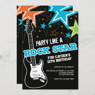 Rockstar Blue Orange guitar birthday Invitation