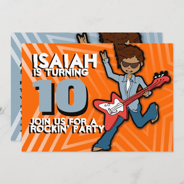 Rockstar boy 10th birthday orange blue invitation (Front/Back)