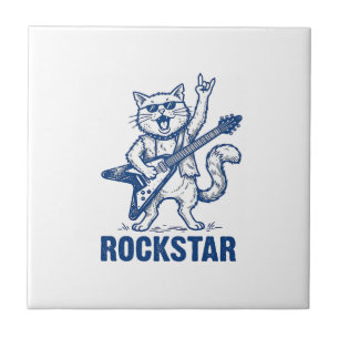 Rockstar Cat Guitar Vintage Engraving Shirt Design Ceramic Tile
