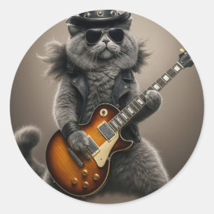 Rockstar Cat Playing Electric Guitar in Leather Classic Round Sticker