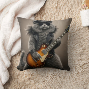 Rockstar Cat Playing Electric Guitar in Leather Cushion