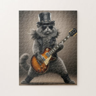 Rockstar Cat Playing Electric Guitar in Leather Jigsaw Puzzle