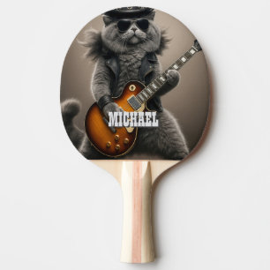 Rockstar Cat Playing Electric Guitar in Leather Ping Pong Paddle