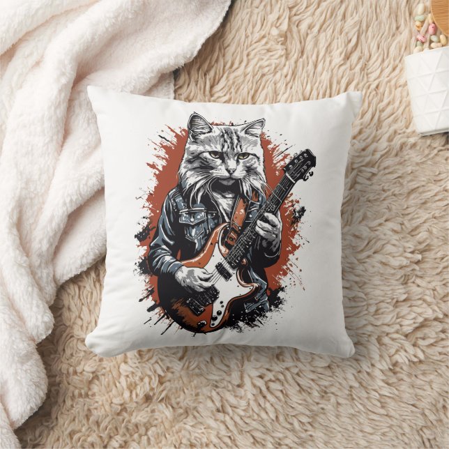 Rockstar Cat Shredding Guitar Cushion (Blanket)
