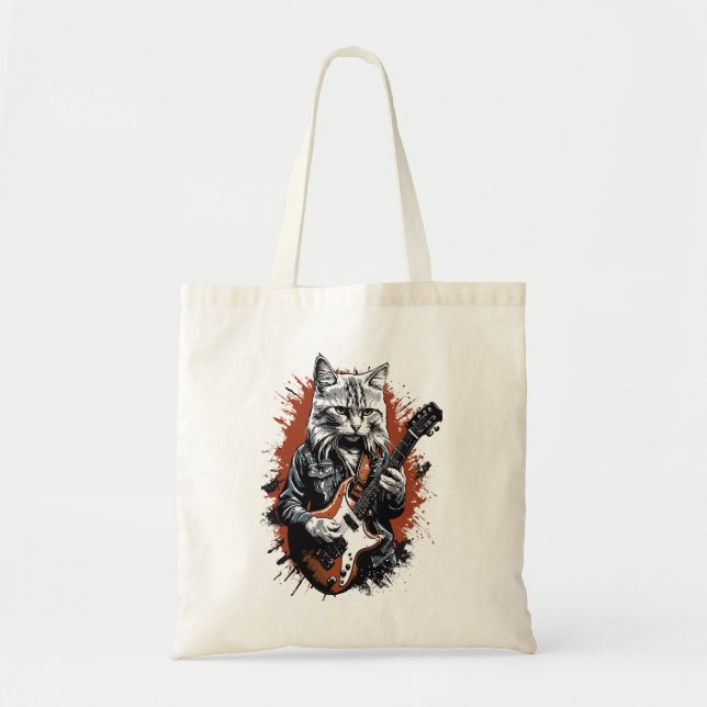 Rockstar Cat Shredding Guitar Tote Bag (Front)