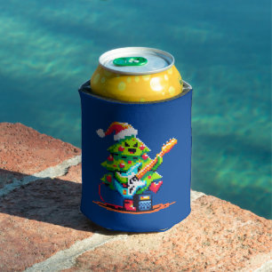 Rockstar Christmas Tree - Pixel Art Bass Guitar Can Cooler