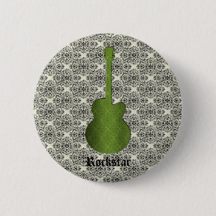 Rockstar Damask Guitar Button, Olive Green 6 Cm Round Badge